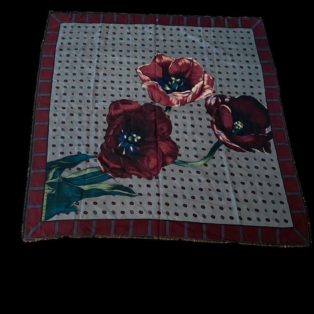 Perry Ellis Large Floral Wool Signed Scarf Vintage